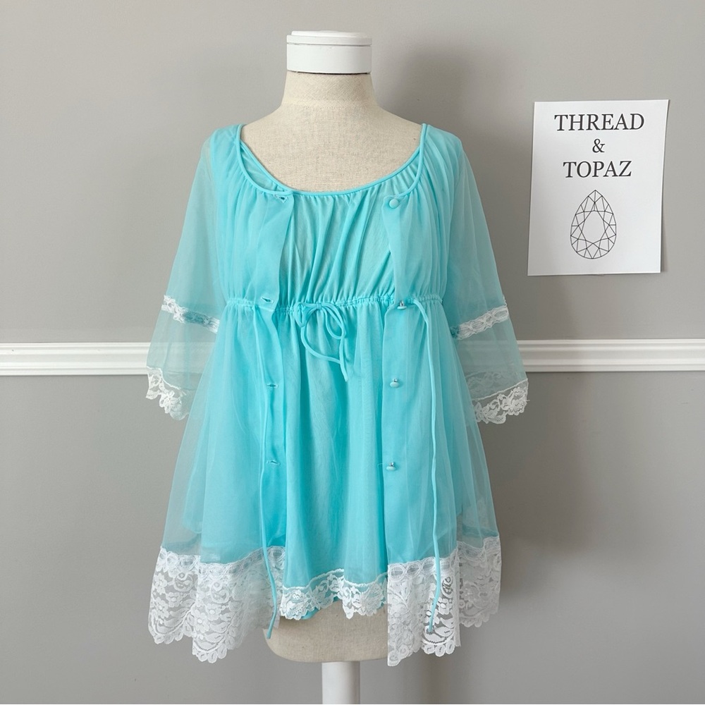 Radcliffe Vintage 60s Babydoll Aqua Blue Nylon Negligee Robe Nightie Set Small - Picture 2 of 12